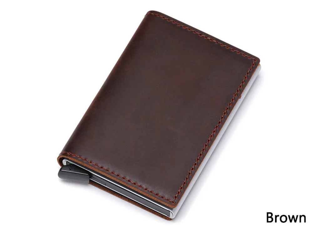 brown VM Мода KISS RFID Блокировка натуральная кожа Алюминиевый металлический бизнес ID Slim тонкий чехол для карт мини кошелек для мужчин - Цвет: brown