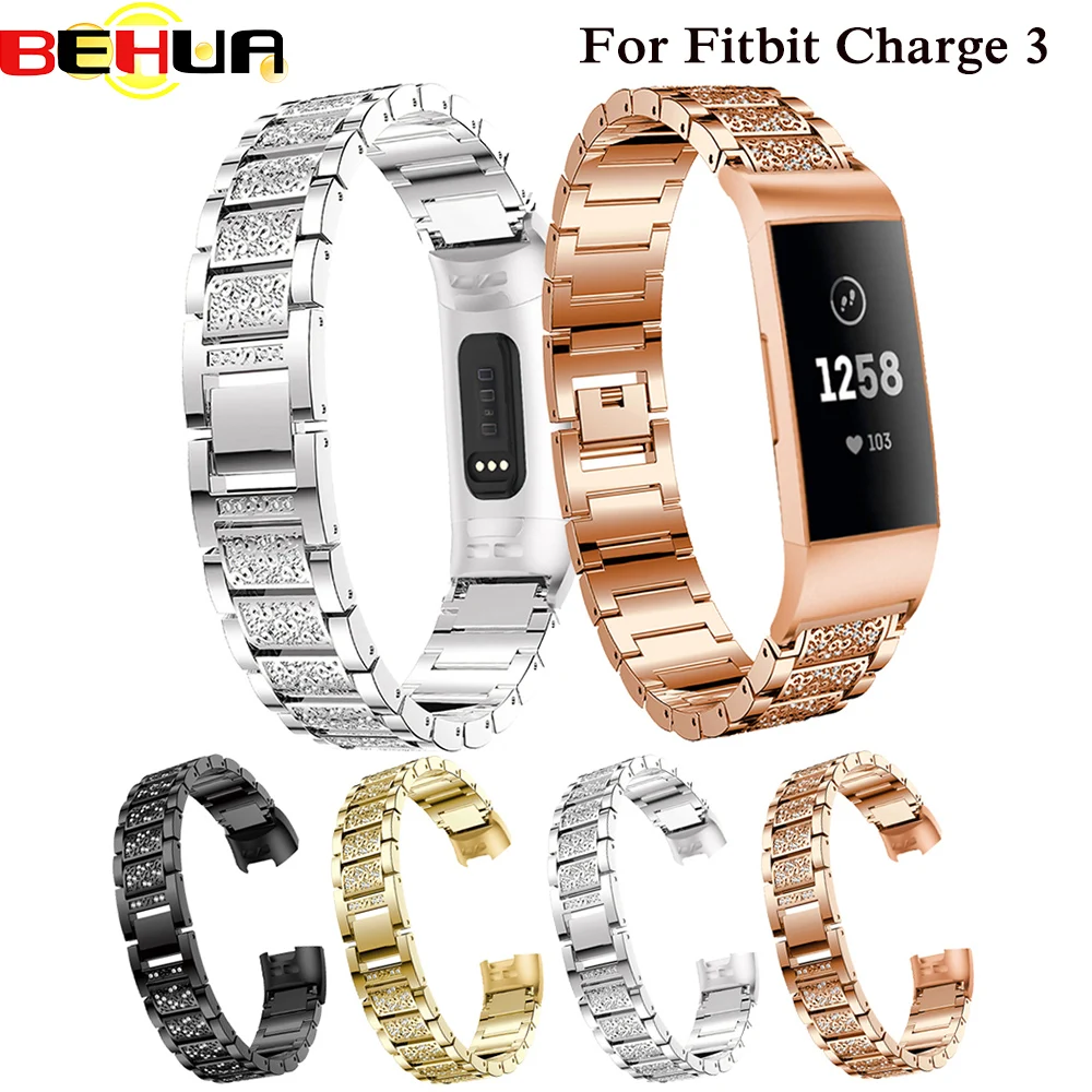 

Watch Band for Fitbit Charge 3 Bands Replacement Stainless Steel Metal Wrist Strap Bling Rhinestone Bracelet for Fitbit Charge 3