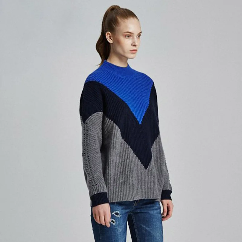 Винтаж осень Для женщин негабаритных Свитеры для Лоскутная Цвет Block Crew Пуловеры
