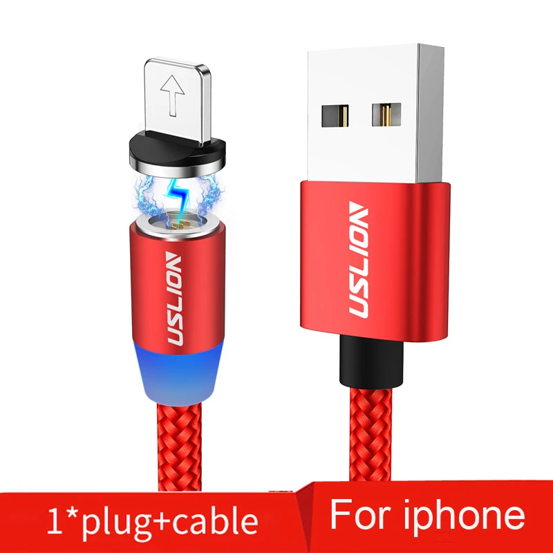 Red For iphone USLION, магнитное зарядное устройство, быстрая зарядка, магнит, USB, микро кабель, 3А, Тип C, кабель type-C, светодиодный, в нейлоновой оплетке, для Iphone 7, XS, XR, samsung - Цвет: Red For iphone