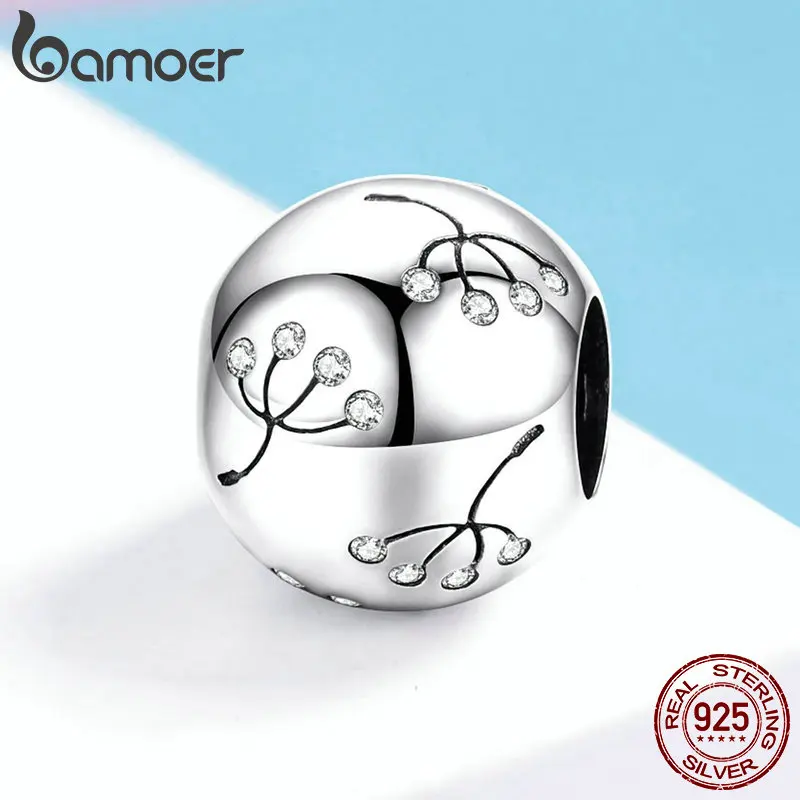 BAMOER 925 пробы Серебряный цветок одуванчика круглые бусины талисманы подходят для женщин серебряные браслеты-обручи ювелирных изделий BSC053