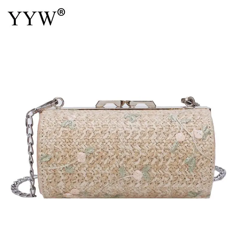 

2019 Summer Embroidery Straw Handbag Bohemia Beach Bag Small White Weave Women Tote Bag Clutch Metal Chain Shoulder Travel Bag