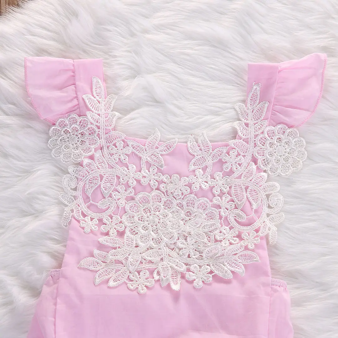 Summer Lace Baby Girls Rompers Short Sleeve Pink Floral Jumpsuit Headband Clothes 0-18 Months | Мать и ребенок