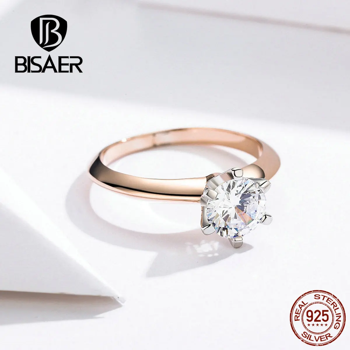 BISAER, Настоящее серебро 925 пробы, цвет розовое золото, циркония, только любовь, кольца на палец для женщин, обручальное кольцо, ослепительное ювелирное изделие, кольца GXR525