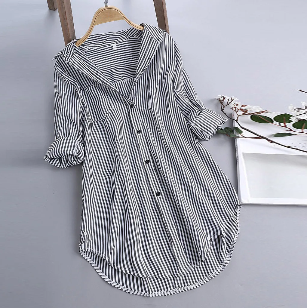 

Women Chic Stripe Long Sleeve Turn-down Collar Button Loose Top Shirts Blouse
