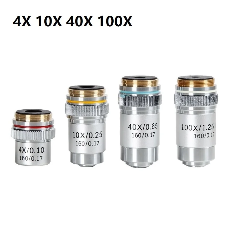 4X 10X 40X 100X 4X 10X 20X 40X 60X 100X ахроматический объектив 195 мм сопряженное фокусное расстояние HD DIN для Биологический микроскоп 160/0. 17 - Цвет: 4X 10X 40X 100X