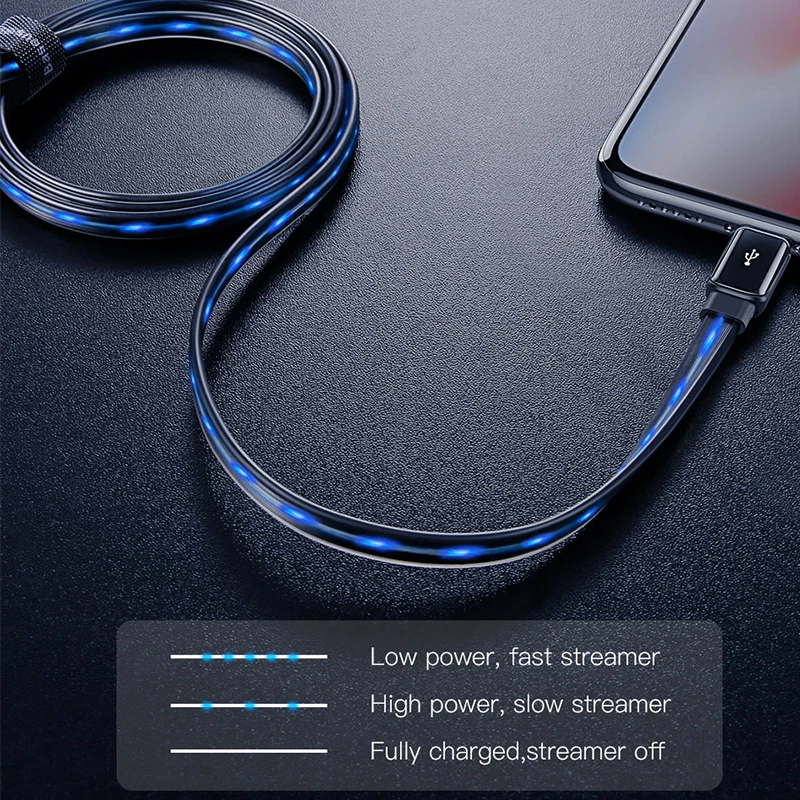 Плоский светящийся usb-кабель Baseus 2,4 A для iPhone Xs Max 8 Plus 1 м, светодиодный usb-кабель для быстрой зарядки и синхронизации данных для iPhone SE 7