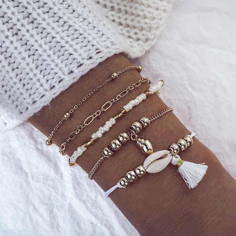 

5 Pcs/Set Sea Snail Shell Charm Bracelet Set for Women Gold Link Chain Shell Charm Bracelet Boho Statement Braclets for Women