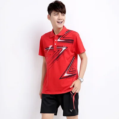 Male A9813 red Новая футболка для бадминтона+ шорты футболки для пары для игры в настольный теннис, футболка, дышащая быстросохнущая Мужская/Женская теннисная футболка с поездами - Цвет: Male A9813 red