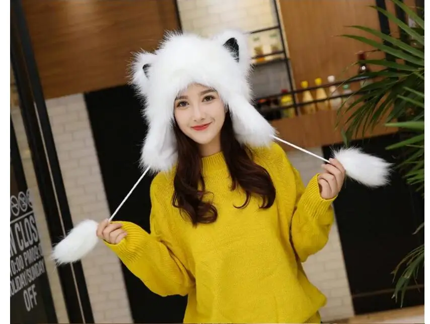 Hot selling! Winter new Women Warm Caps Fur ear Hats Girls Cartoon Novelty Caps Beanies Soft Lovely Hats
