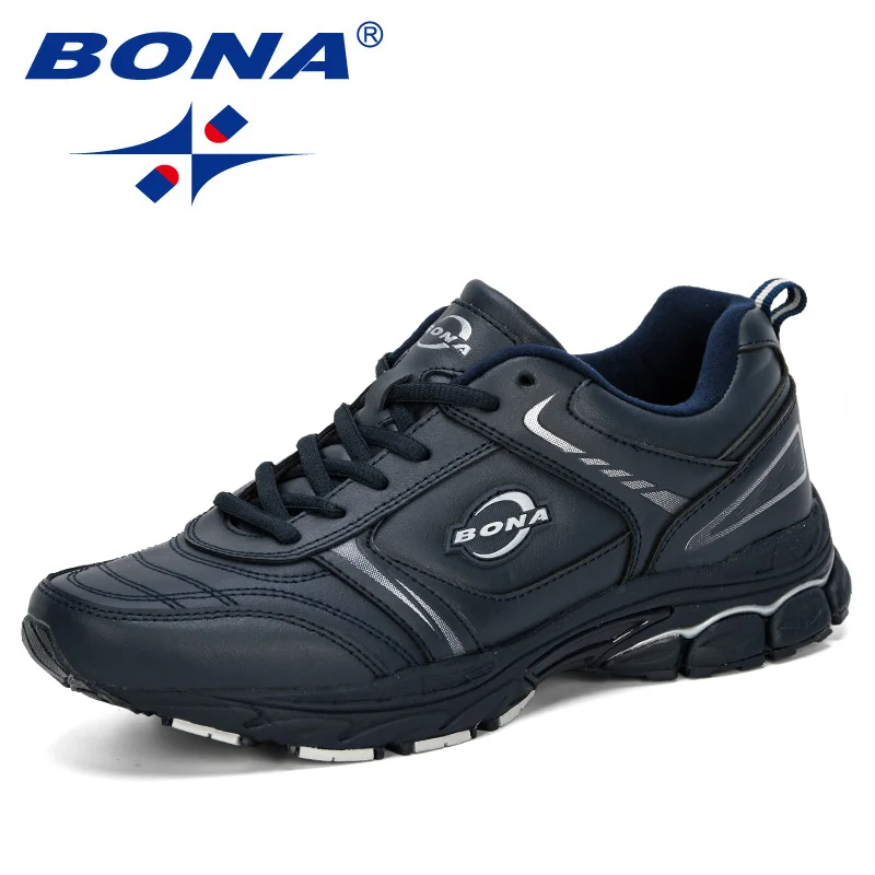 Deep blue silvergray BONA новые стильные мужские кроссовки, мужские кроссовки для бега, спортивная обувь, мужская спортивная обувь, Мужская дышащая удобная обувь - Цвет: Deep blue silvergray