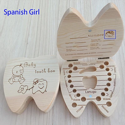 Spanish Girl Новое испанское/английское детское дерево коробка зуб пупочный органайзер для хранения молочных зубов собирает зубы Детские сувениры подарок Keepsakes - Цвет: Spanish Girl