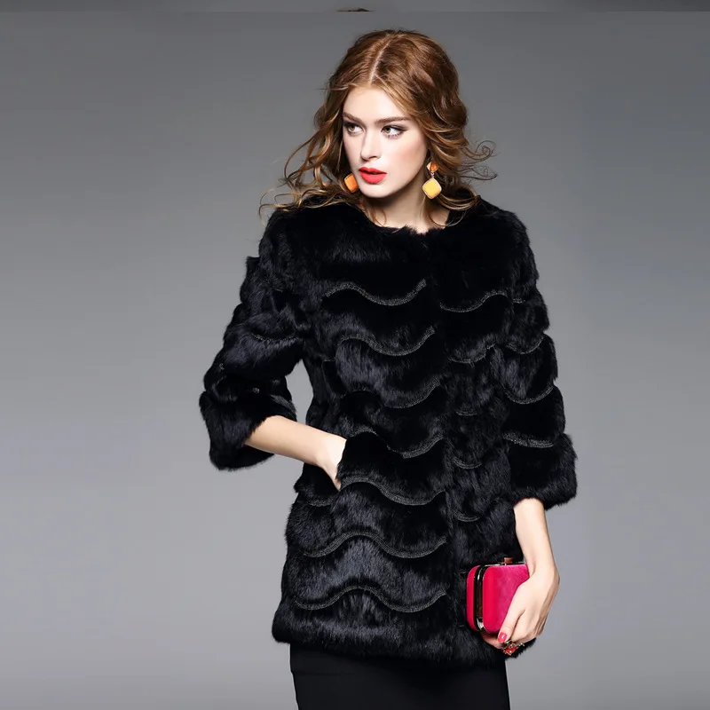 

Женское меховое пальто с волнистой вышивкой, с круглым вырезом, с рукавом 3/4, с натуральным кроличьим мехом, Женское пальто с натуральным мех...