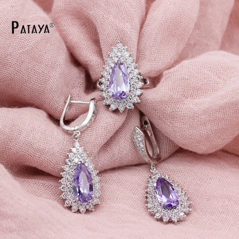 purple PATAYA, Женский Солнечный свадебный ювелирный набор, Настоящее Белое золото, винтажные ювелирные изделия, темно-синие капли воды, натуральный циркон, серьги, кольца, наборы - Окраска металла: purple