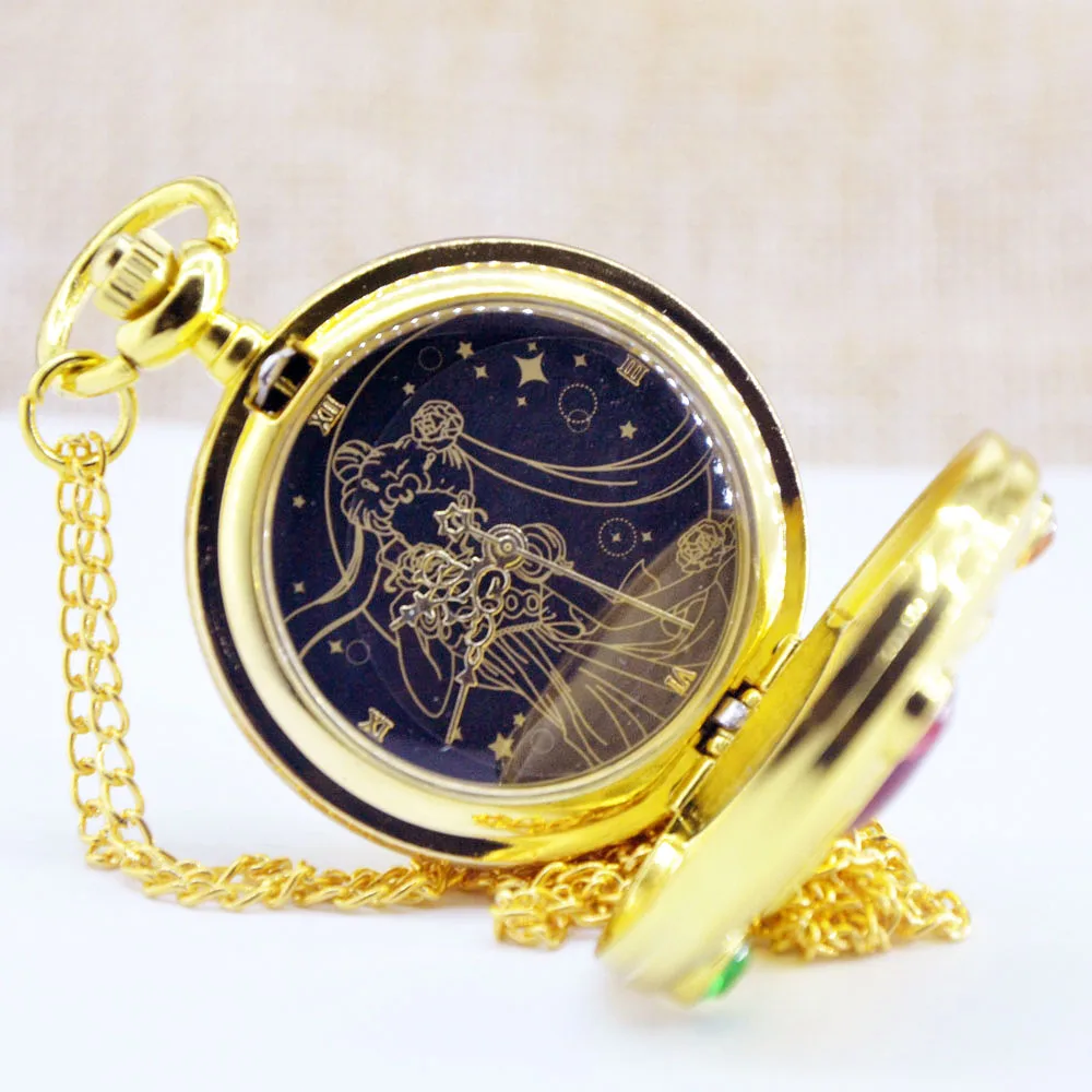 Golden Black Dial Новая мода Сейлор Мун мультфильмы в стиле аниме черный циферблат кварцевые карманные часы аналоговый кулон ожерелье леди женские Fob часы подарок - Цвет: Golden Black Dial