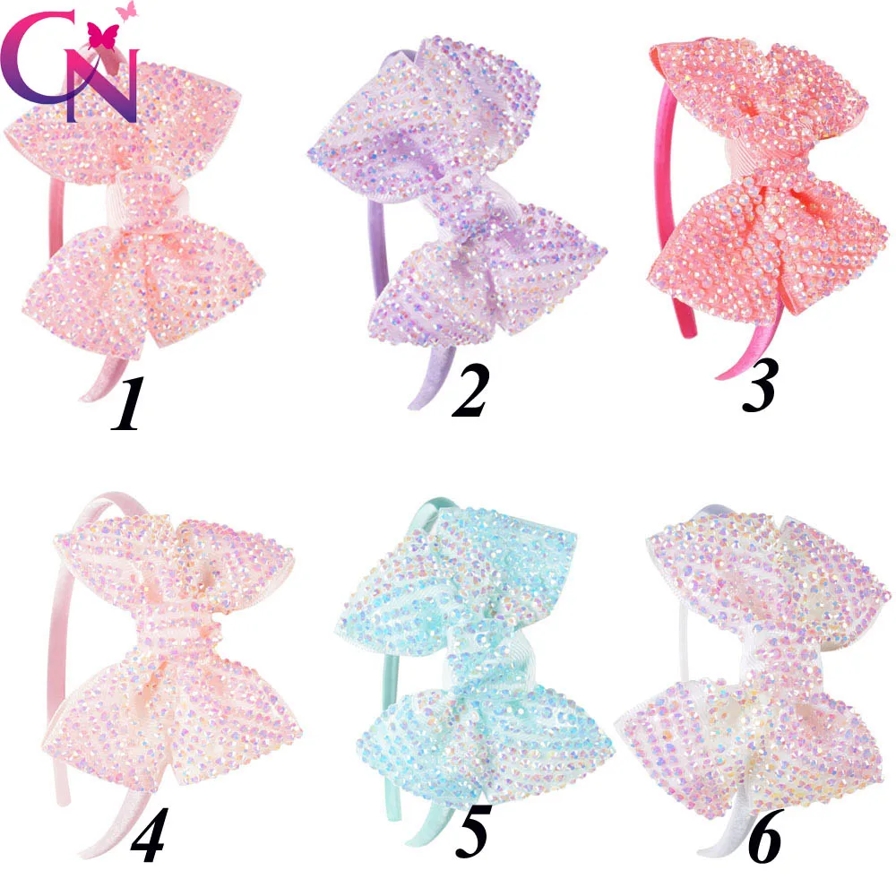 Однотонная атласная повязка для волос CN 6 шт./лот с бантом из горного хрусталя