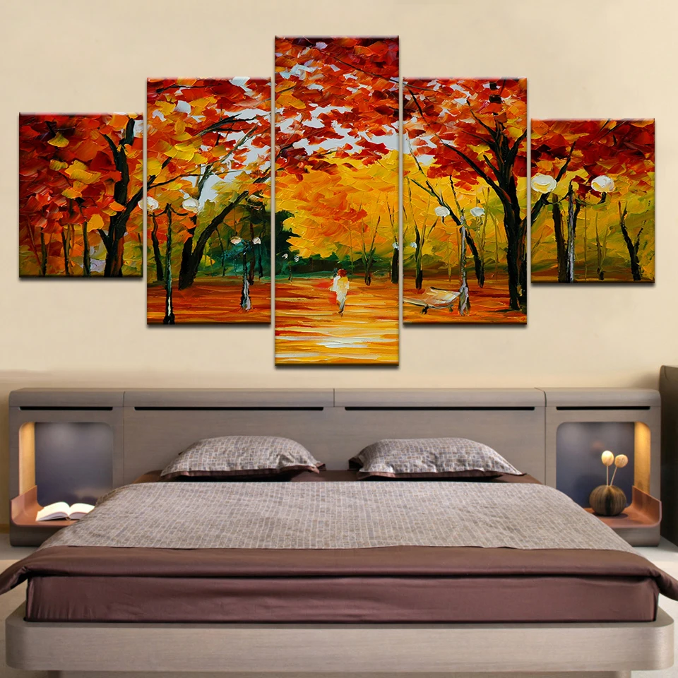 

Modern Wall Art Canvas HD Prints Poster Framework 5 Pieces Walk In The Woods Scenery Painting Home Decor Abstract Trees Pictures