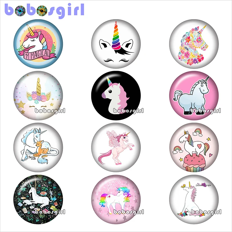 Единорог стекло кнопки ювелирных украшений Hand Made Круглый Фото Кабошоны с плоской