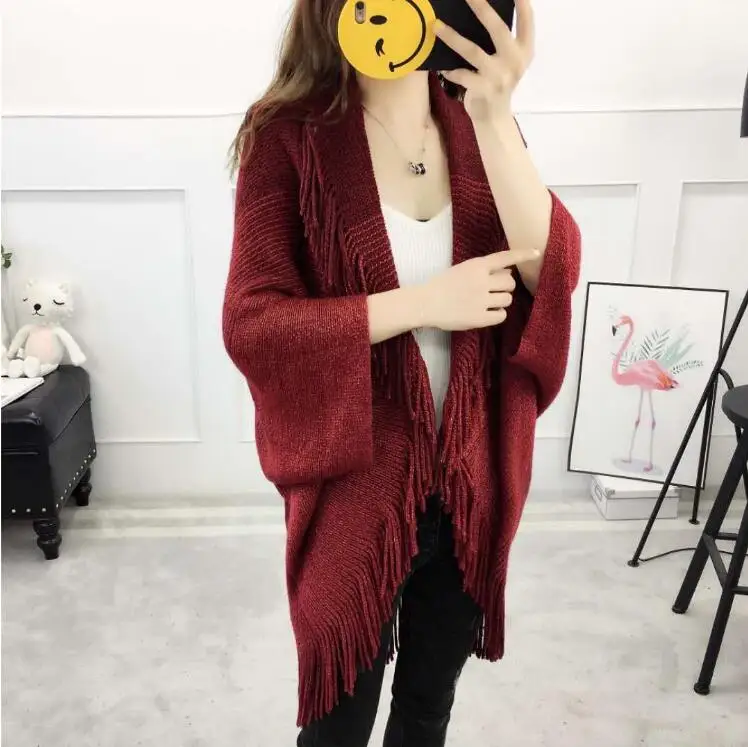 Женское пончо оверсайз толстое Трикотажное в полоску с коротким рукавом