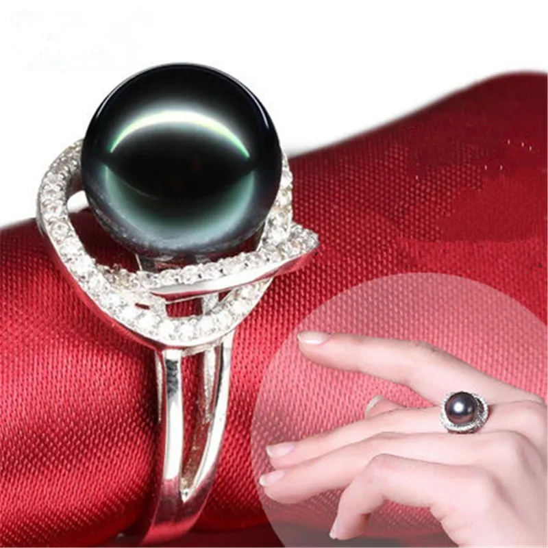 NYMPH JEWELRY 10-11 mm round Natural Black Tahitian Pearl rings with s 925 sterling silver fine jewelry Clover shape [ZZN] | Украшения и
