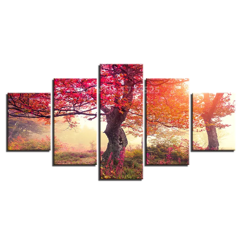 

CLSTROSE Wall Art Canvas Painting Pictures Living Room Prints Poster 5 Pieces Autumn Forest Red Big Tree Painting On The Wall