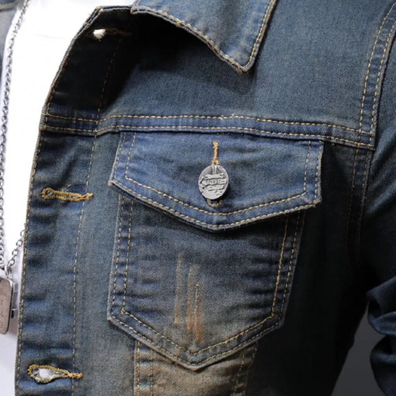 

High Street New Brand Back Printed Long Sleeve Lapel Vintage Denim Jackets Single Breasted Slim Fit Plus Size Male Jeans Coats