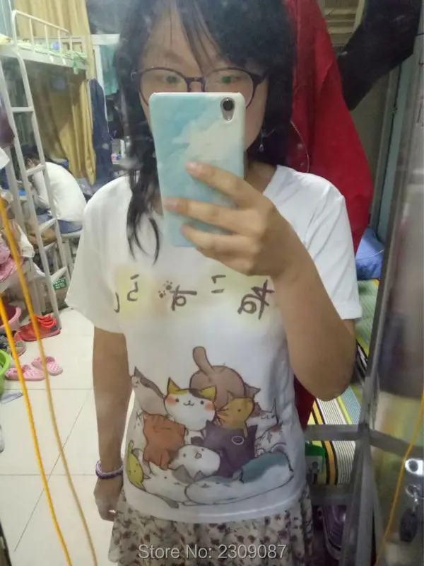Футболки женские топ Лето кошка топы рубашка женская Neko Тройники Harajuku Футболка Японский Каваи Atsume Neko Аниме Мультфильм Cos Футболки Лолита Милый Кот Двор Случайные Топы Тройник Женская Одежда WXC