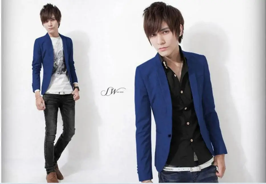 Повседневный мужской костюм на одной пуговице синий Блейзер открытом воздухе