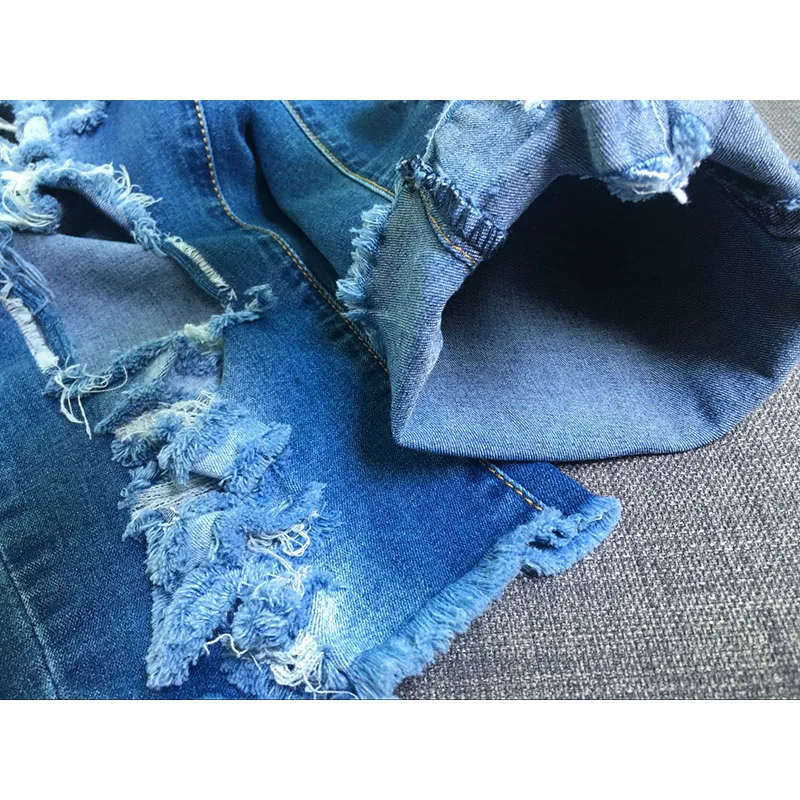 Летние Для женщин по колено Ленточки рваные эластичного денима Штаны с высокой