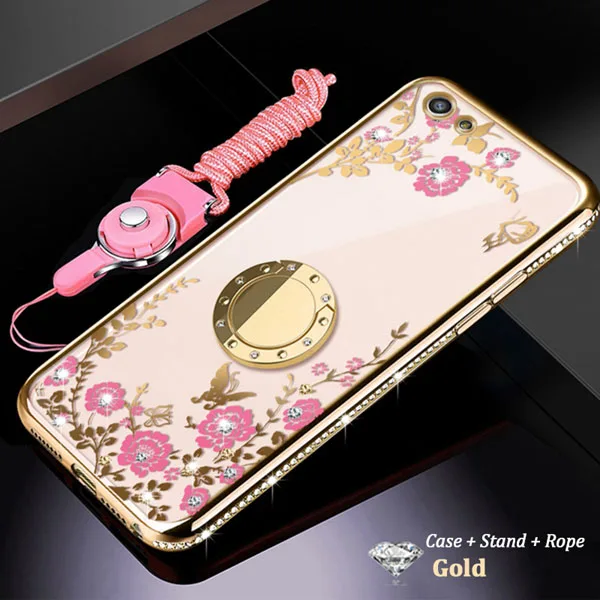 Gold Case Stand Rope Магнитная подставка чехол для samsung Galaxy S8 S9 S10 плюс S10e Note 9 8 A10 A30 A40 A50 A70 M10 M20 M30 мягкий чехол с изображением цветка+ веревка - Цвет: Gold Case Stand Rope