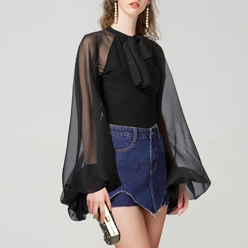 TWOTWINSTYLE, Корейская перспектива, рубашки с бантом, блузка, для женщин, фонарь, длинный рукав, топы, для женщин, весна, элегантная мода