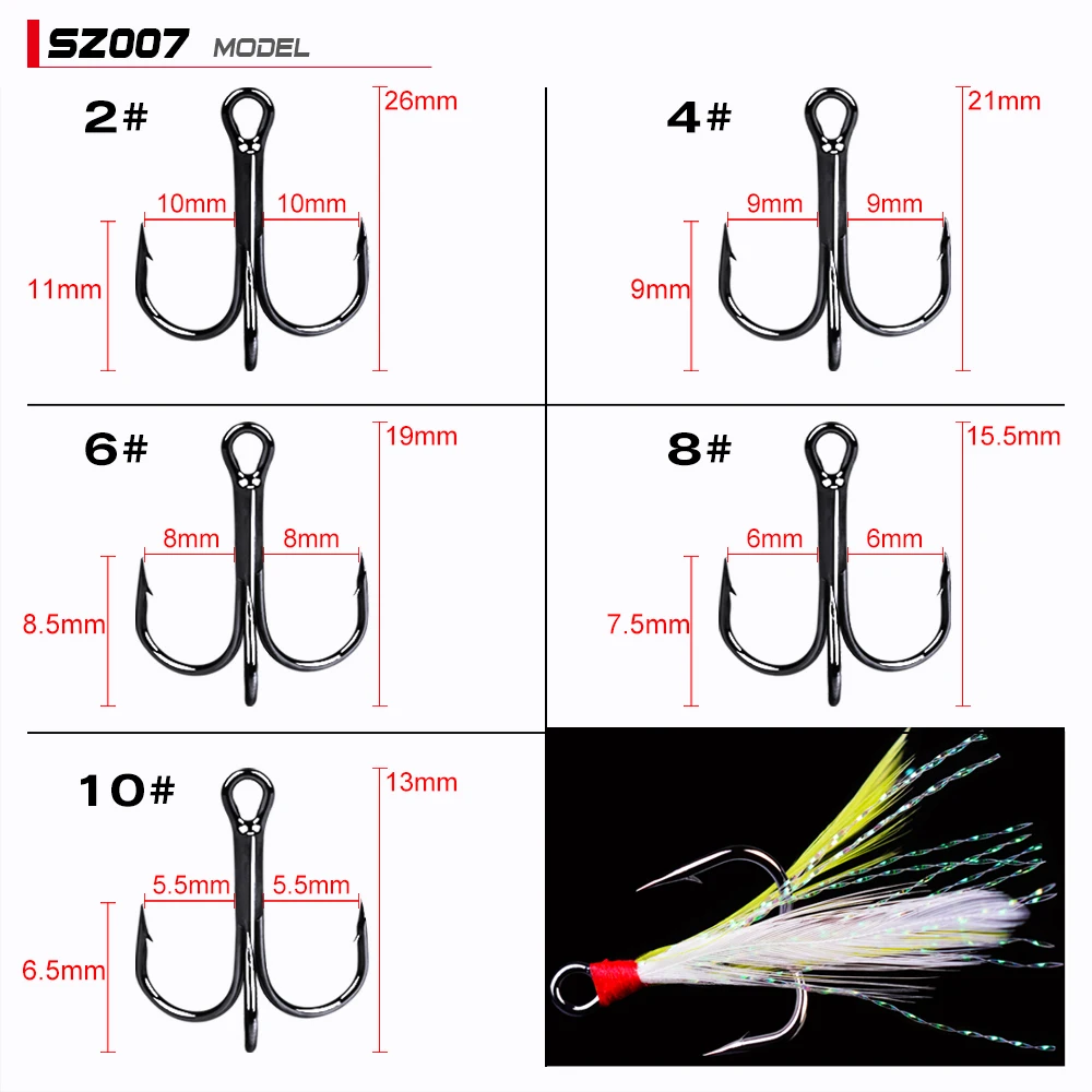 20-Pack Fishing Hooks with Feathers, Sizes 2#-10#, Black/Red, 6 Colors, High Carbon Steel Fishing Tackle image 4