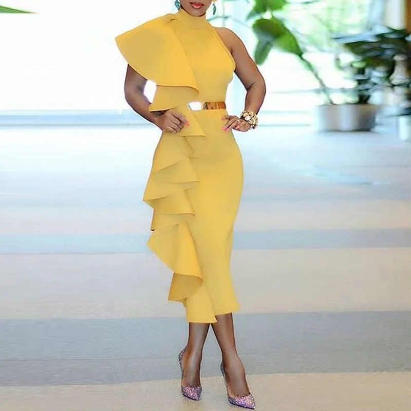 Женское Бандажное платье с лямкой на шее без рукавов оборками вечернее Новинка