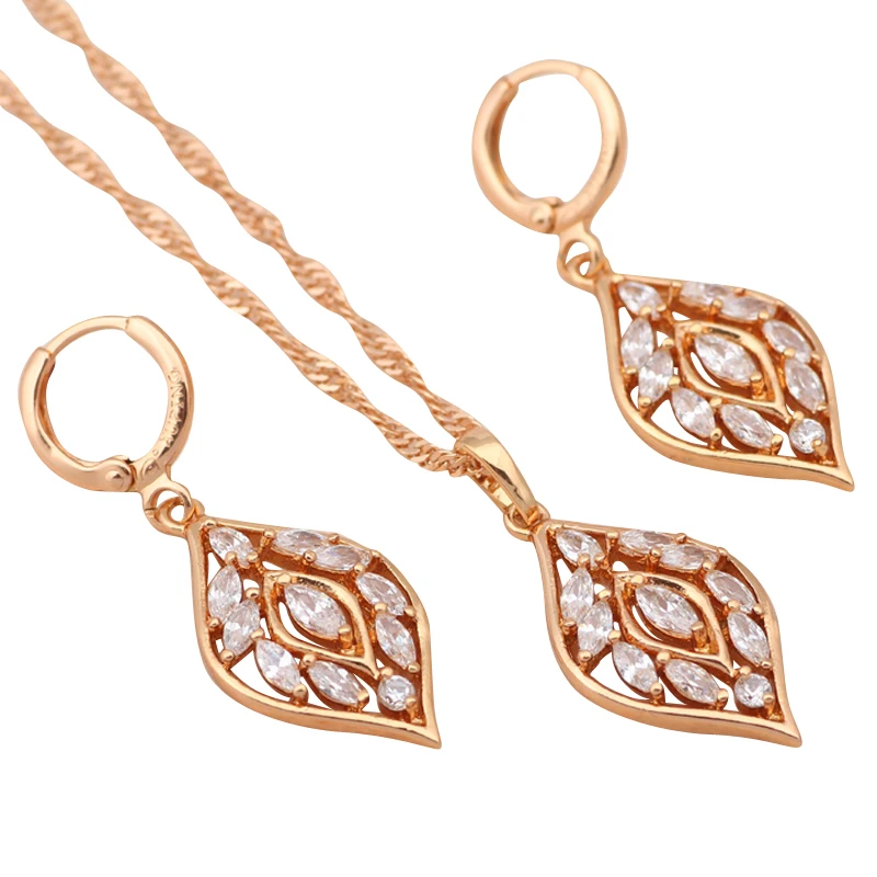 Циркония листьев Стиль Золотой Тон Модные украшения комплекты Цепочки и
