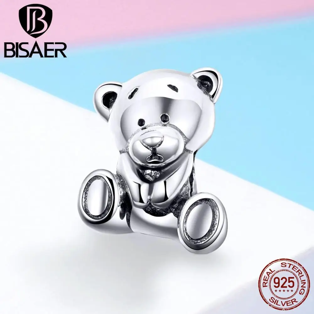BISAER, Настоящее серебро 925 пробы, 3D, яркий медведь, животное, амулеты, подходит для 3 мм, браслет, роскошный бренд, Женские Ювелирные изделия GXC1042