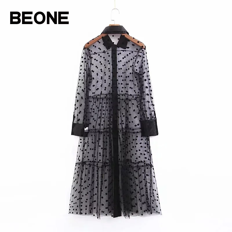 Женское платье рубашка в горошек BEONE летнее прозрачное Сетчатое с длинным