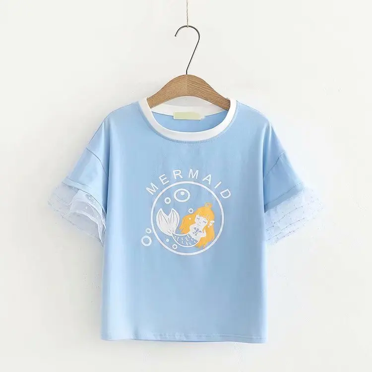 blue tshirt MERRY PRETTY женская футболка и юбка из двух частей наборы мультфильм печати футболки с коротким рукавом эластичный пояс кружева лоскутное мини юбка - Цвет: blue tshirt