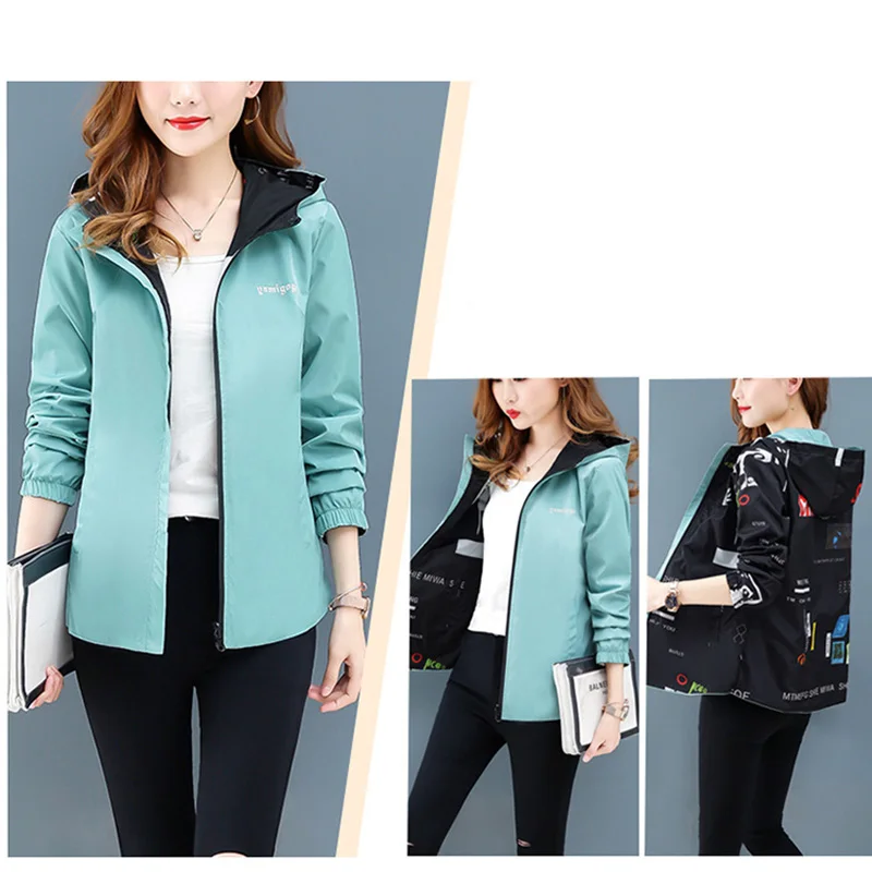 

Zipper printed on both sides wearing hooded jacket female 2020 spring autumn new casual loose comfortable thin coat jacket women
