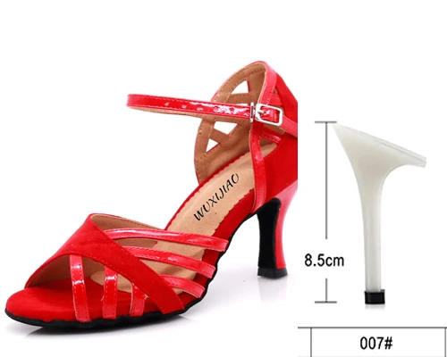 red heel 8.5cm WUXIJIAO танцевальная обувь для латиноамериканских женщин ПУ+ замша Сальса Танцевальная обувь блестящая Профессиональная Обувь для танцев бальные мягкие туфли - Цвет: red heel 8.5cm