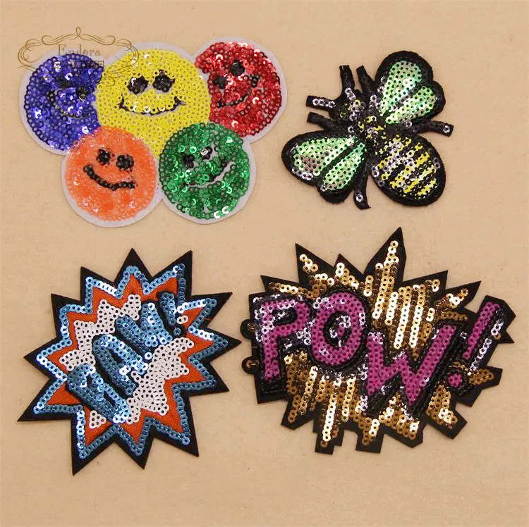 Новое поступление 10 шт. нашивки POW BAM colorfl с вышитыми лицами и блестками железная