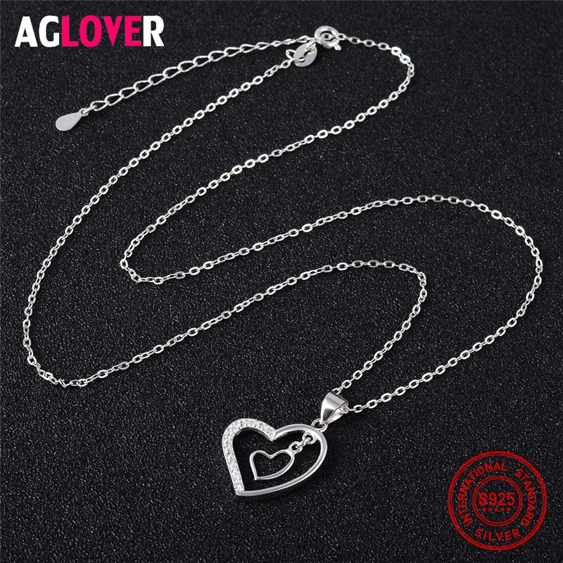 Женское ожерелье из серебра 100% пробы с кулоном в виде двух сердец|jewelry necklace|jewelry