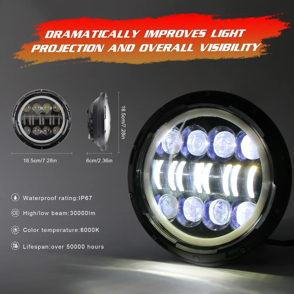 

2pcs 7 inch Hi/Lo Beam Round Sealed LED Headlight Angel Eyes DRL Lights For Truck Jeep Cherokee Wrangler Offroad Lights 12V 24V