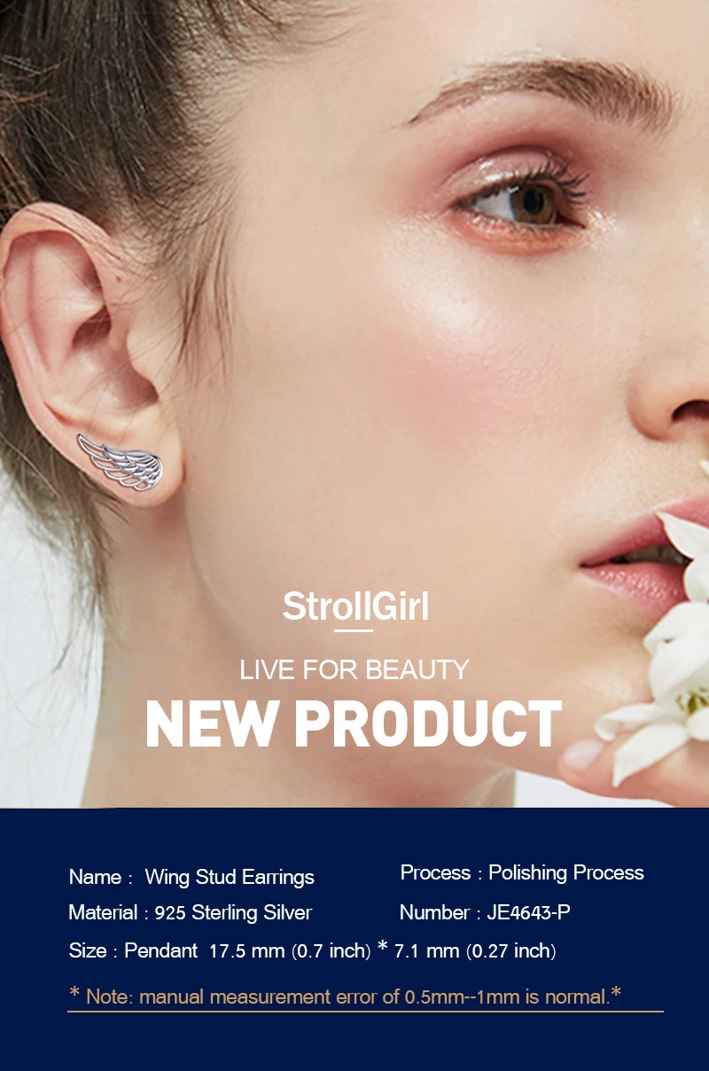 Strollgirl Genuine 925 Sterling Silver Earrings Hollow Feather Fairy Wings Stud Earrings for Women Fashion Jewelry gifts