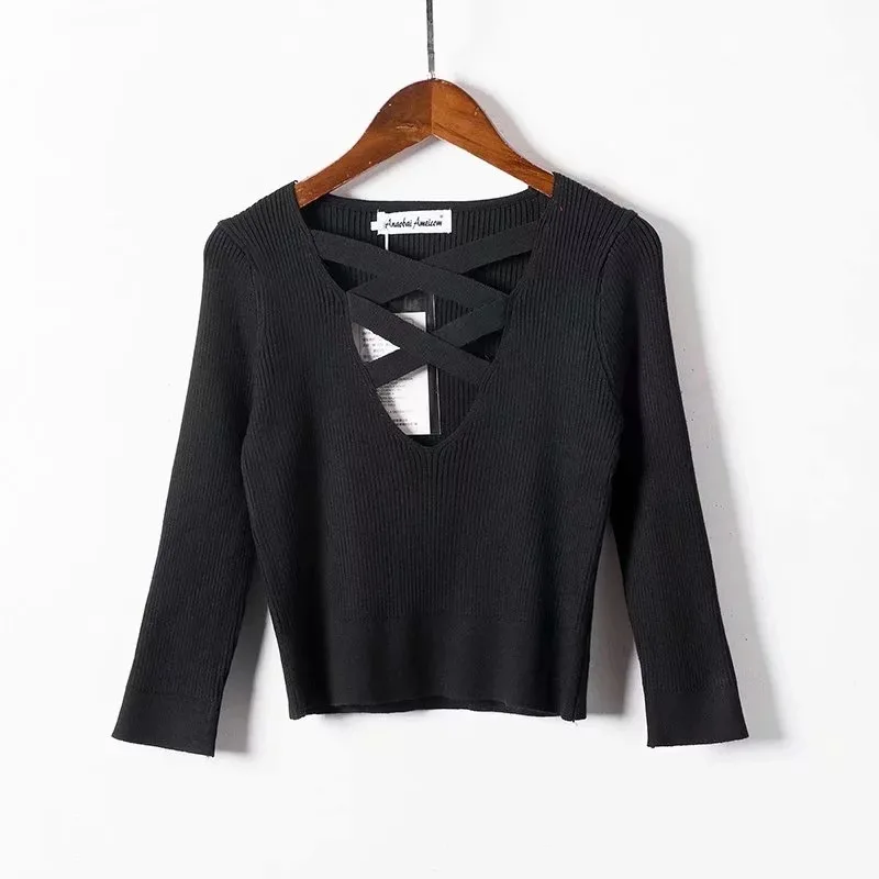 Long Sleeve Knitted Sweater for Women Solid High Quality Comfort Lady Pullover Fashionable Criss Cross Crop Tops Casual Wear | Женская