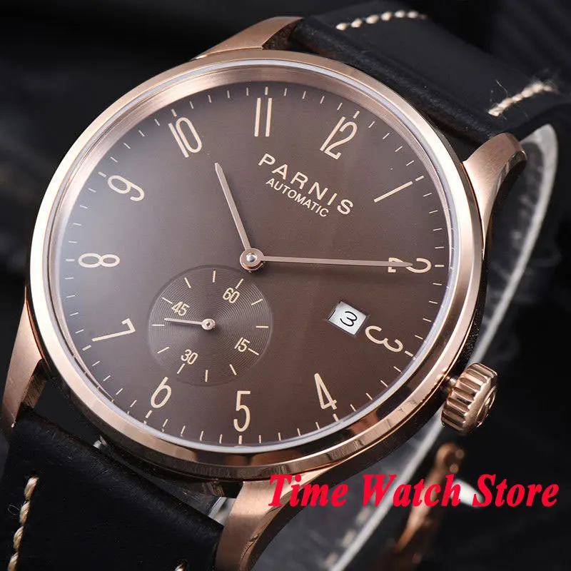 

42mm Parnis men's watch Rose golden case brown dial Arabic numerals DATE 5ATM ST1731 Automatic wrist watch men 957