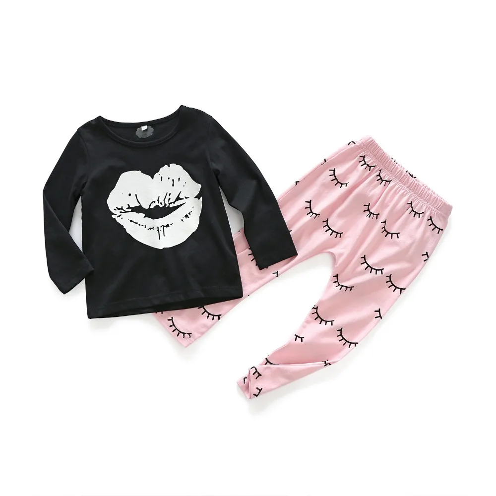 Хлопковая футболка с длинными рукавами и принтом губ для маленьких девочек топы +