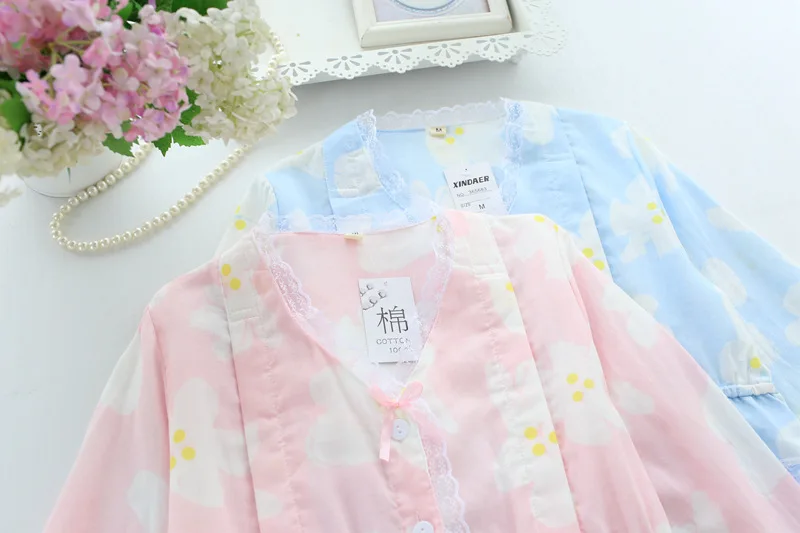 Хлопок марлевые женские пижамы с длинным рукавом v-образным вырезом Pijama Mujer Весна и Лето Свободное кимоно сексуальная пижама комплект для сна