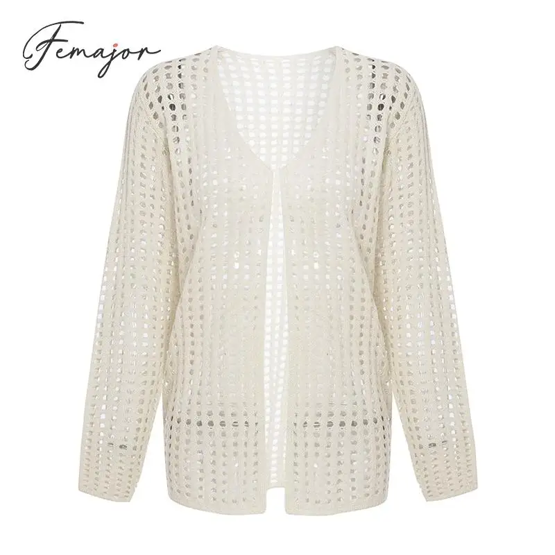 Фото Femajor Women Autumn Solid Color Cardigan Casual Thin Long Sleeve Knitted Coat Hollow out Stitch Mujer Plus Size Jacket Femajor Women Autumn Solid Color Cardigan Casual Thin Long Sleeve Knitted Coat Hollow out Stitch Mujer Plus Size Jacket