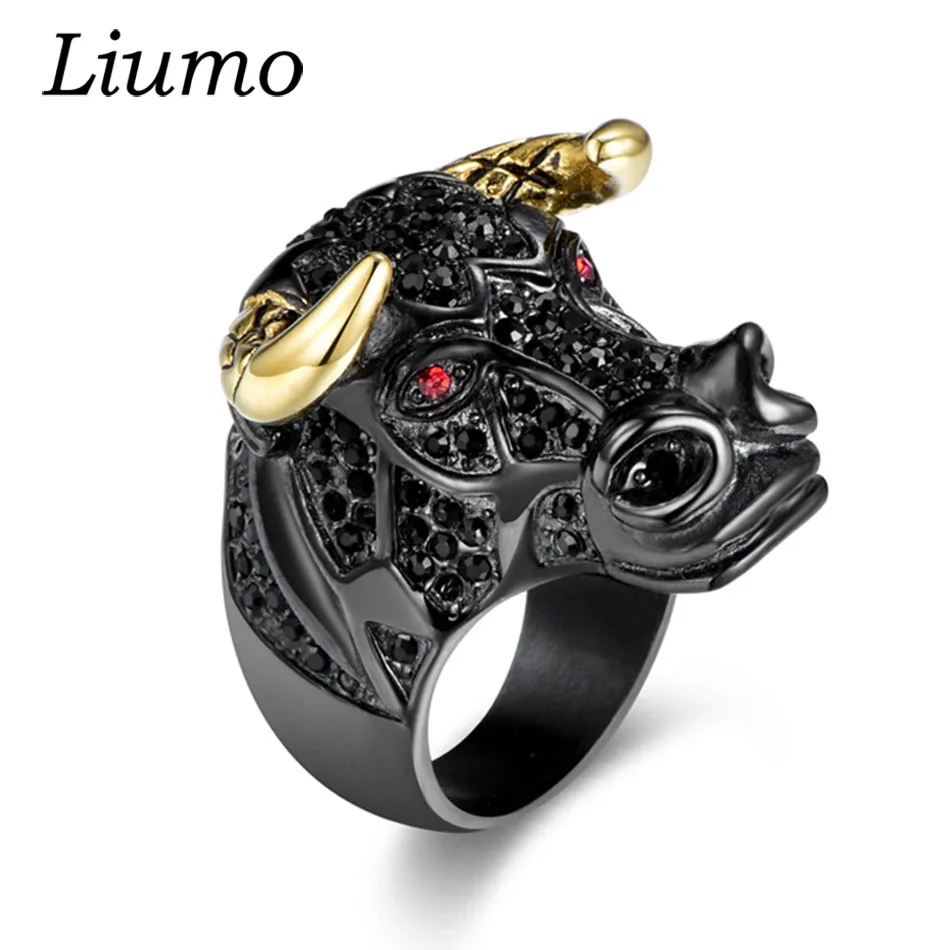Liumo/Трендовое байкерское кольцо в стиле панк черного и золотого цвета с красными