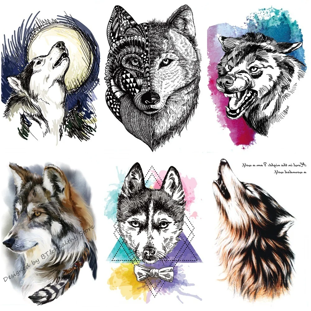 Волк Временная тату наклейка для Водонепроницаемый женские искусственный мех